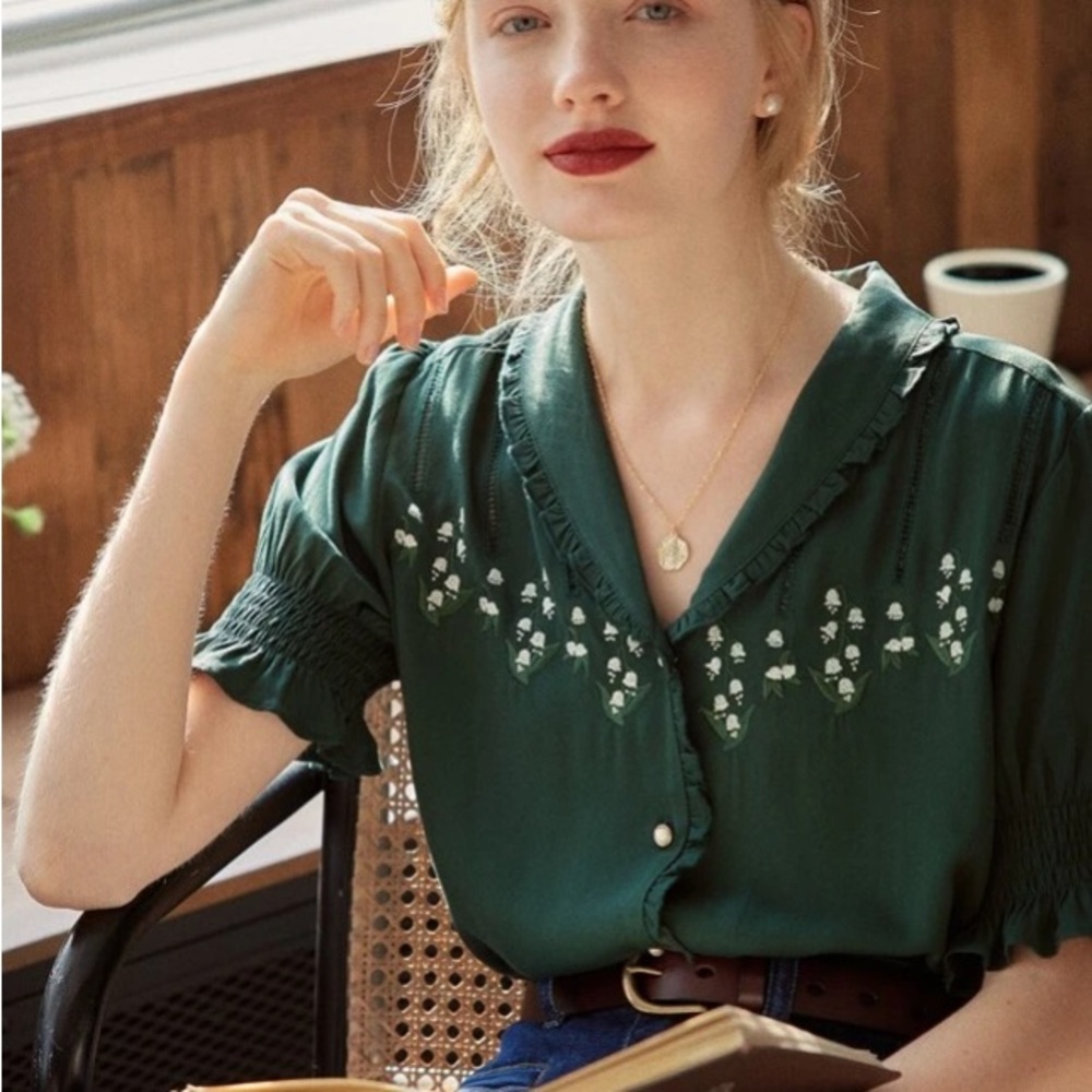 Button Up Blouse with Floral Embroidery